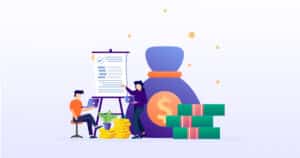 Illustration of a team working on financial planning with a clipboard, coins, cash bundles, and a large money bag, symbolising accounting tips for restaurants
