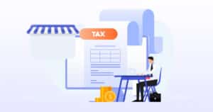 Illustration of a professional reviewing tax documents with coins, a restaurant storefront, and tax forms in the background, symbolising tax deductions for restaurants.