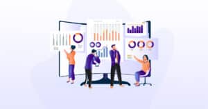 Four people discussing financial reporting and analysis, with charts and graphs in the background.