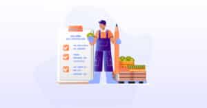 Worker holding fresh produce and standing next to a food cost control checklist, with crates of goods nearby.