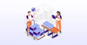 Two restaurant workers managing inventory, one scanning barcodes on blue boxes on a trolley, and the other checking off items on a clipboard, in a clear, organized storeroom