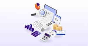 Featuring financial and accounting elements, including a magnifying glass analyzing a long receipt, a calculator, stacked coins, a credit card, bar graphs, and a laptop displaying a tax form. The image symbolizes processing supplier invoices and receipts.