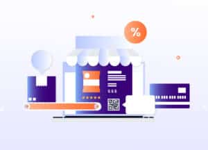 Digital illustration of a laptop displaying a restaurant's online store, complete with a storefront, shopping cart, and discount tags, alongside a factory building and barcode, representing the management of COGS in the restaurant industry