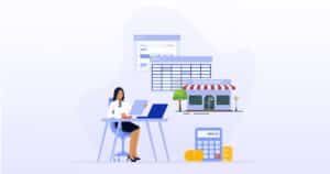  Illustration of a woman sitting at a desk working on a laptop with a second screen beside her. Behind her are icons representing bookkeeping elements, including a financial spreadsheet, a storefront, and a calculator with currency symbols, signifying restaurant bookkeeping.