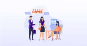 Hotel staff and guests interacting at a reception desk, with a hotel building icon in the background.