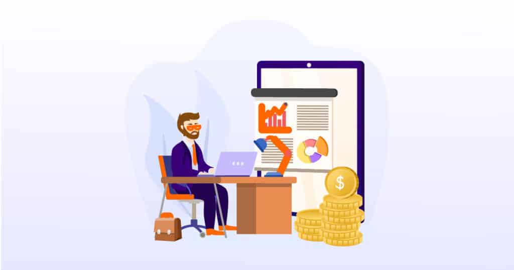 Illustration of a professional sitting at a desk analysing financial charts, with stacked coins and graphs in the background, symbolising key components of financial management for nightclub events.