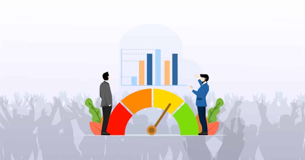 Illustration of two professionals discussing a performance chart with a risk gauge in the foreground, symbolising risk management in nightclub event finances.