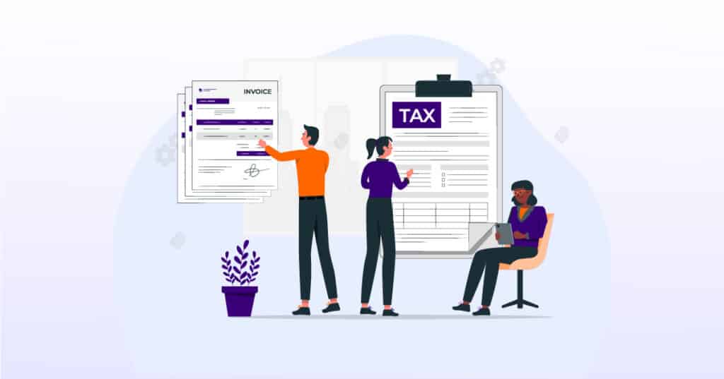  Businesspeople managing tax documents and invoices, with large tax form and invoice paperwork in the background, representing tax planning and management.