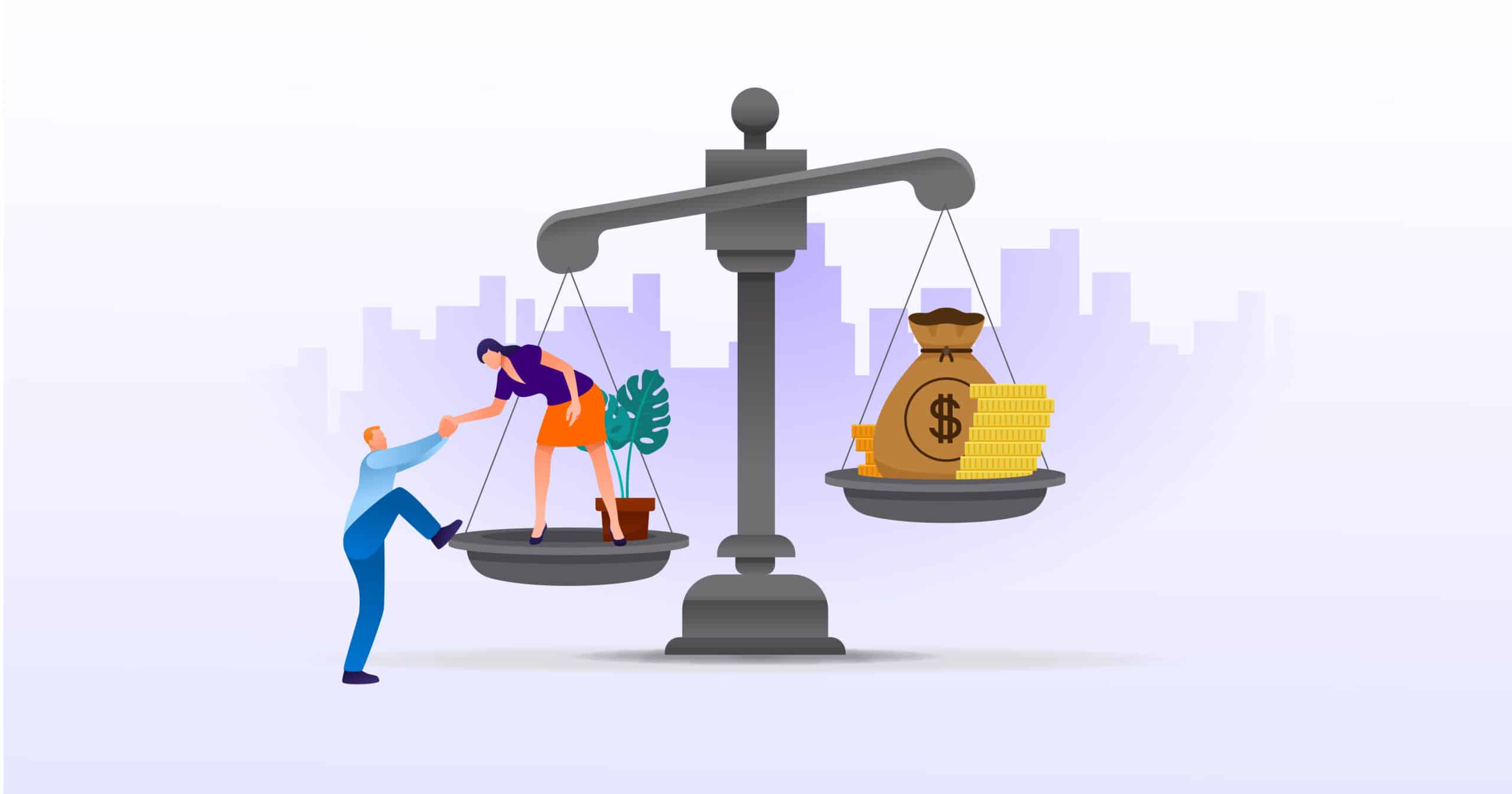 Two people on a balance scale, symbolizing the balance between labor and financial considerations, with money on one side and people on the other.