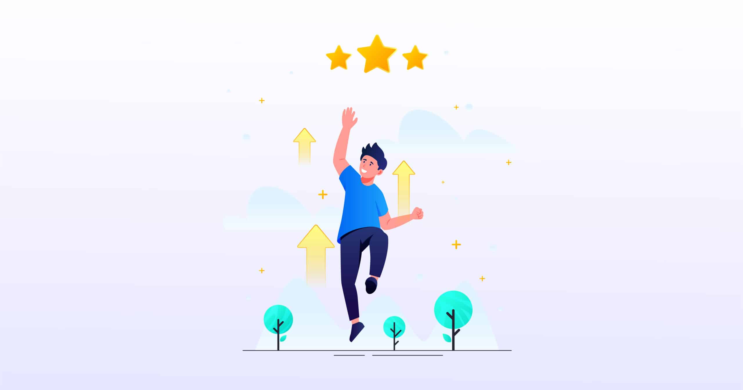 A happy employee reaching for three gold stars, symbolizing employee satisfaction and positive performance.