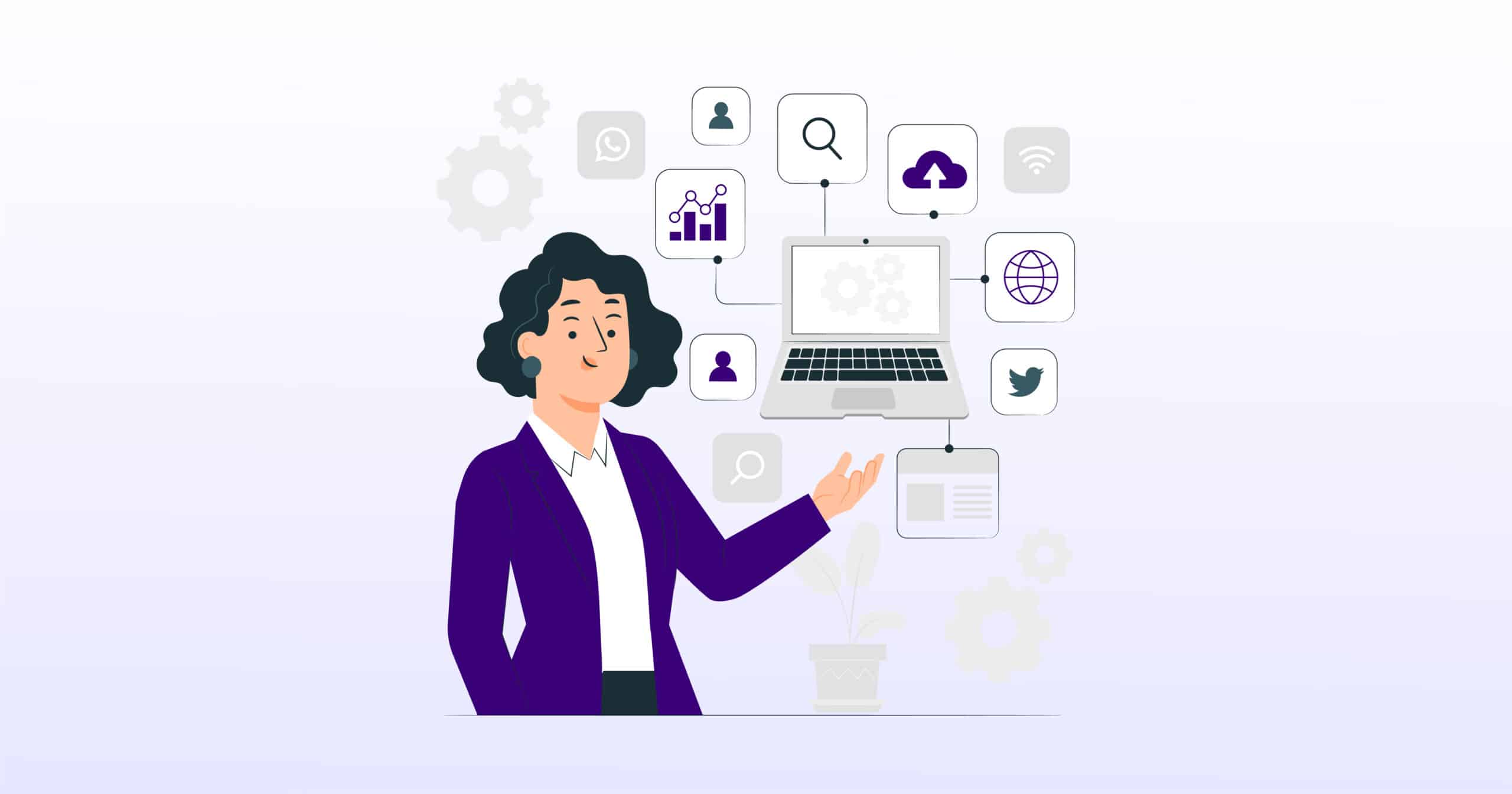 A businesswoman presenting various digital technology tools, with icons representing analytics, cloud storage, search, and social media surrounding a laptop.