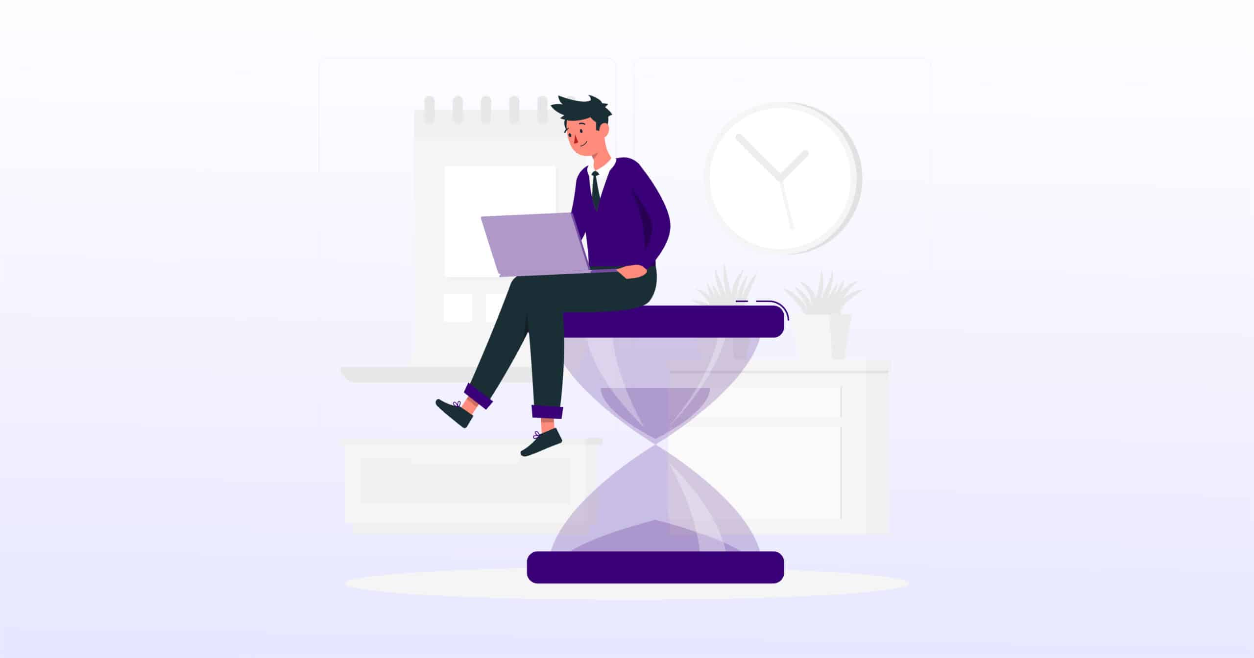 A man sitting on a large hourglass, working on a laptop. The background features faint office elements, including a clock and a calendar, symbolizing time management and productivity.
