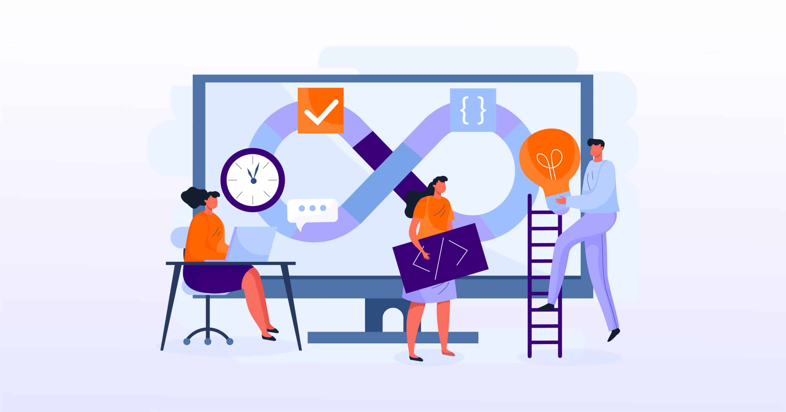 Three people collaborating on a DevOps process in front of a large screen displaying an infinity loop symbol. One person sits at a desk with a clock nearby, another holds a code symbol, and a third person stands on a ladder holding a lightbulb, symbolizing ideas and continuous integration.