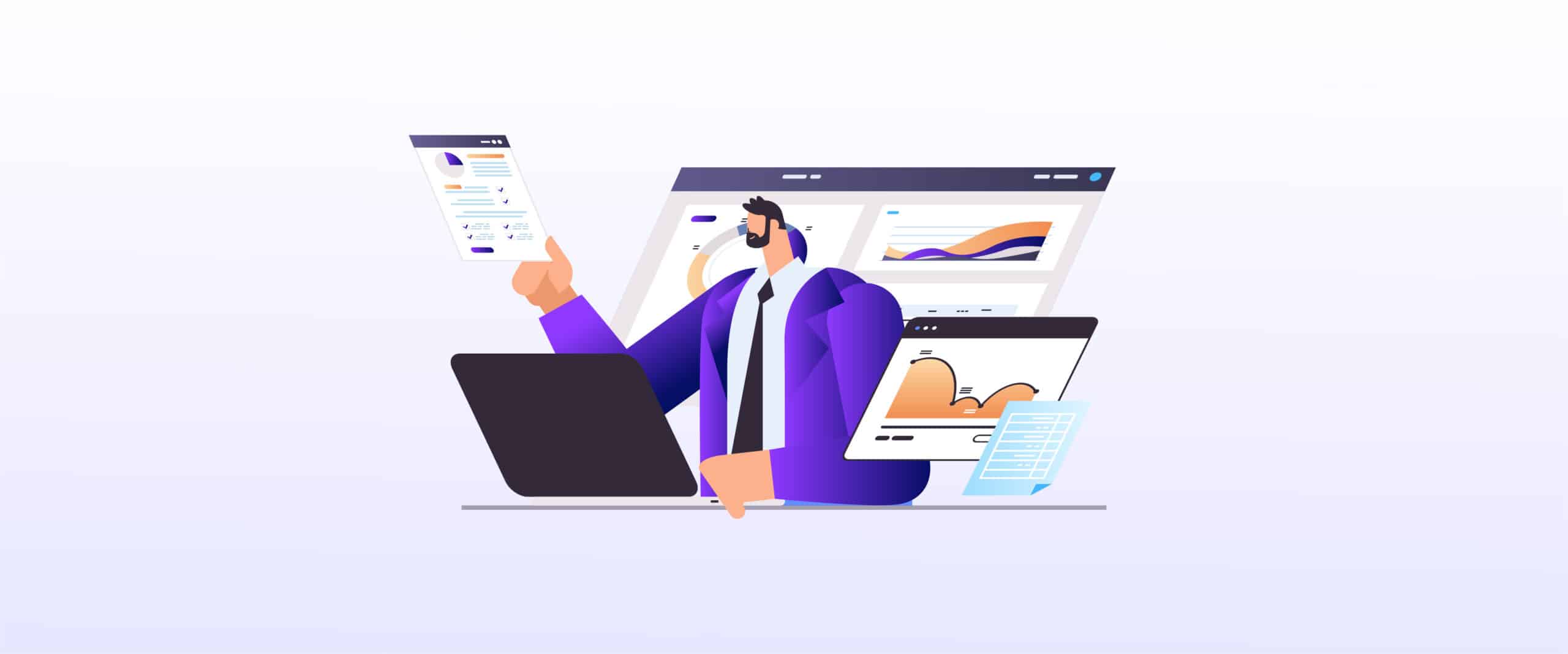Businessman analyzing financial data on multiple screens, illustrating hotel bookkeeping practices in managing accounts payable, highlighting charts and analytics on a laptop and tablet