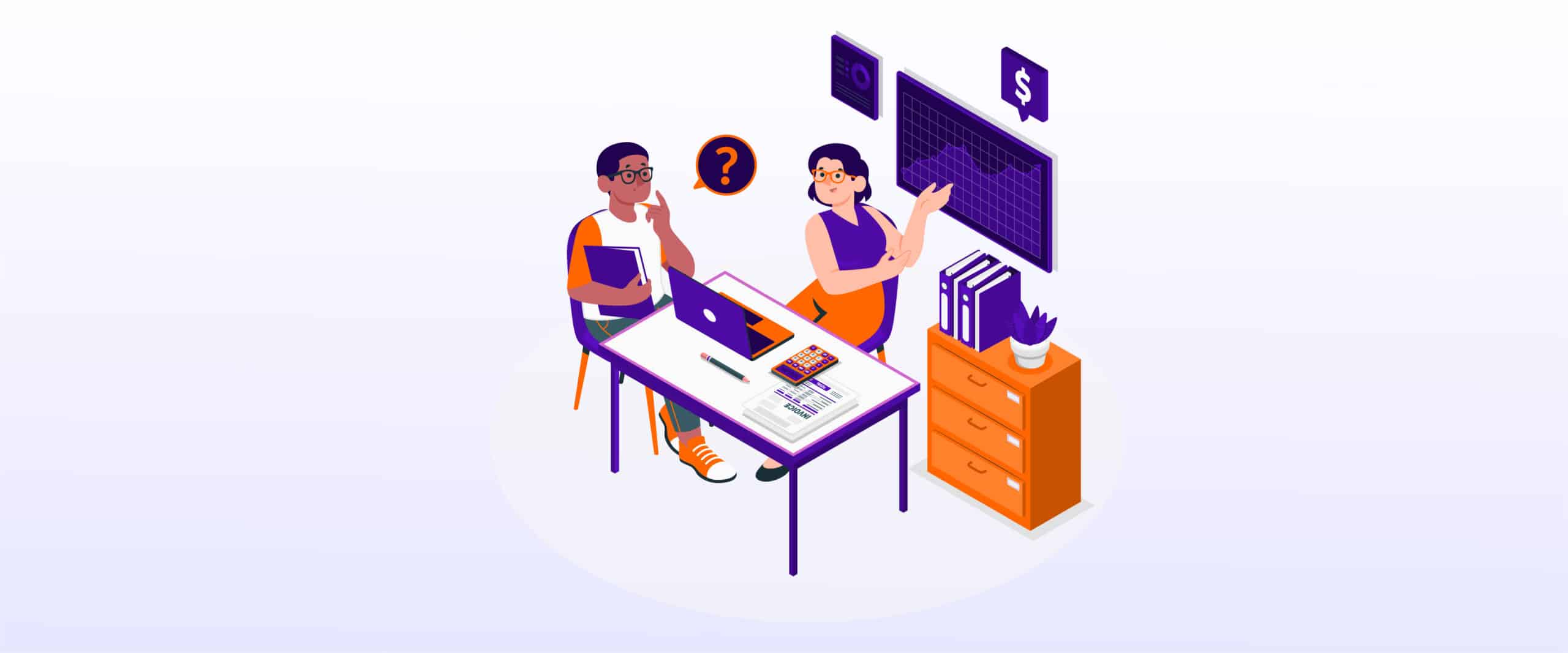 Two hotel bookkeepers discussing financial strategies, one holding a laptop with a question mark symbol and the other pointing at financial charts, illustrating the decision between outsourcing vs. in-house hotel bookkeeping.