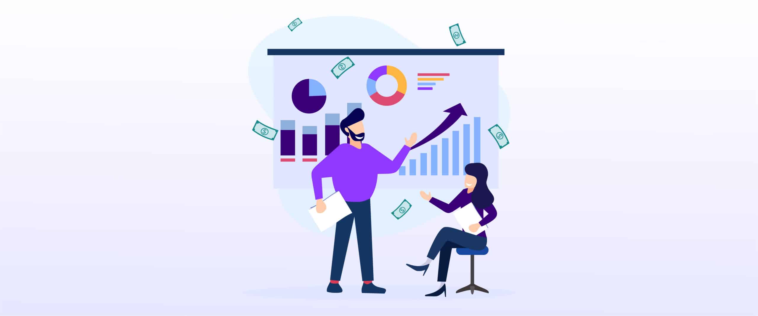 A man and a woman analyzing revenue growth on a chart, with the man pointing to rising bars and money symbols, illustrating effective hotel bookkeeping strategies in revenue management