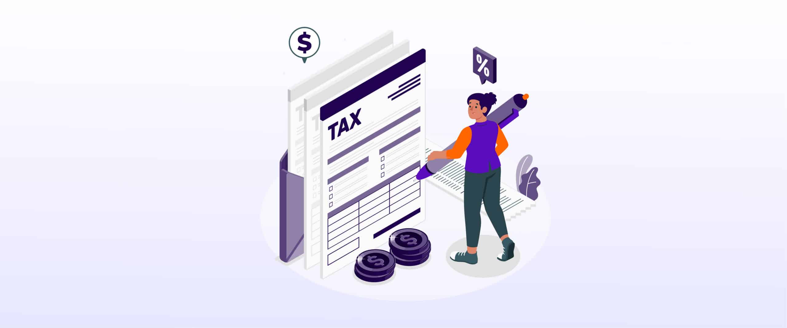 Man marking large tax compliance checklist with a purple marker, standing beside coins and a giant document labeled 'TAX', symbolising diligent hotel bookkeeping practices