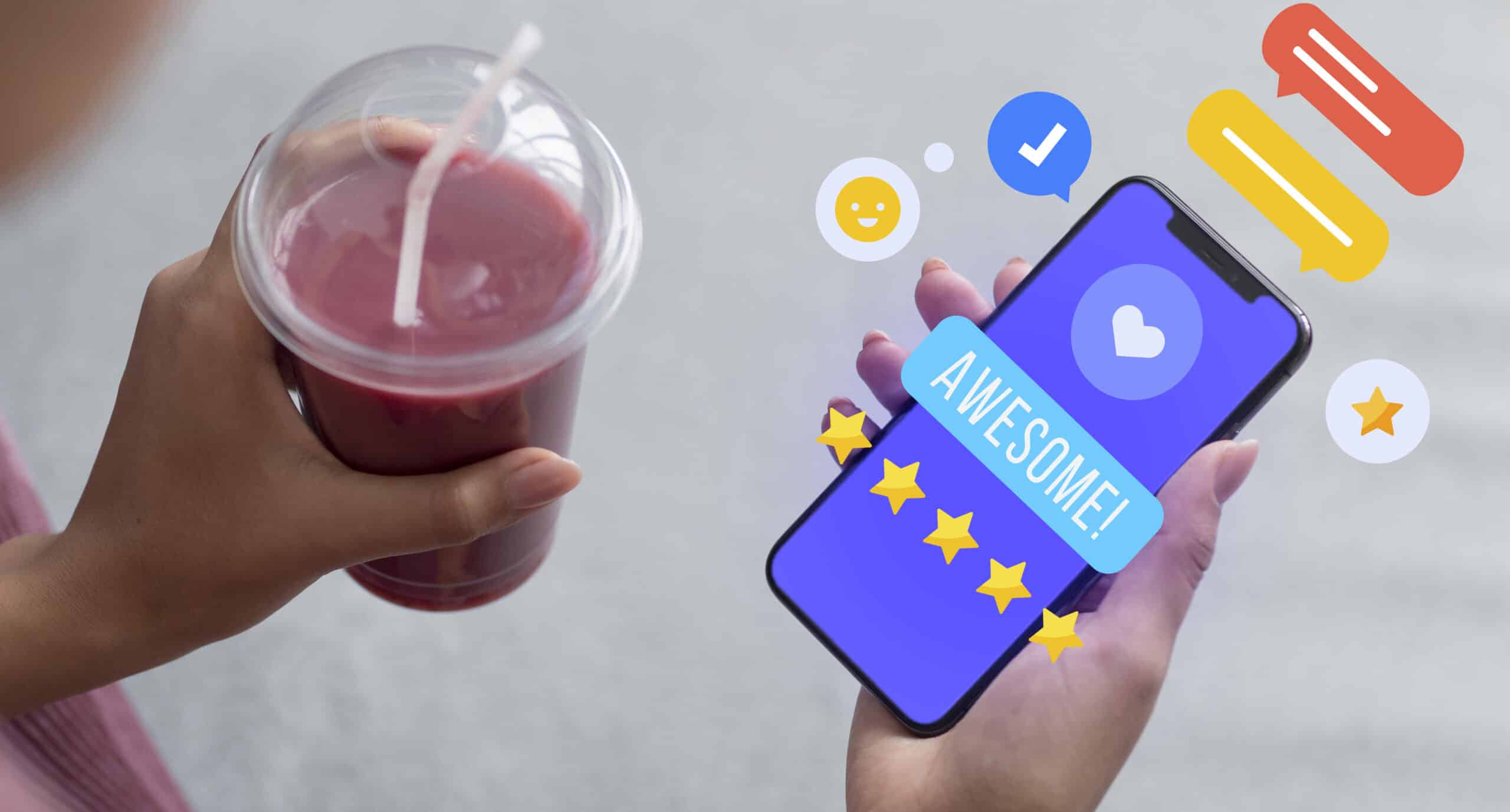 Person holding a smoothie while interacting with a smartphone displaying positive feedback icons, such as stars, likes, and chat bubbles, representing excellent customer experience.