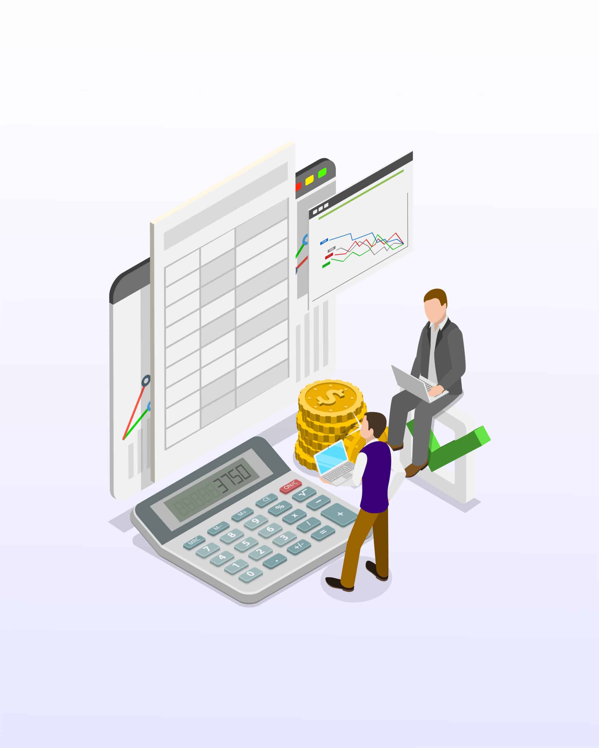 Two businessmen analyzing balance sheet data, one using a laptop beside a large calculator and stacks of coins, the other reviewing a graph on a monitor, depicting thorough management of restaurant financials