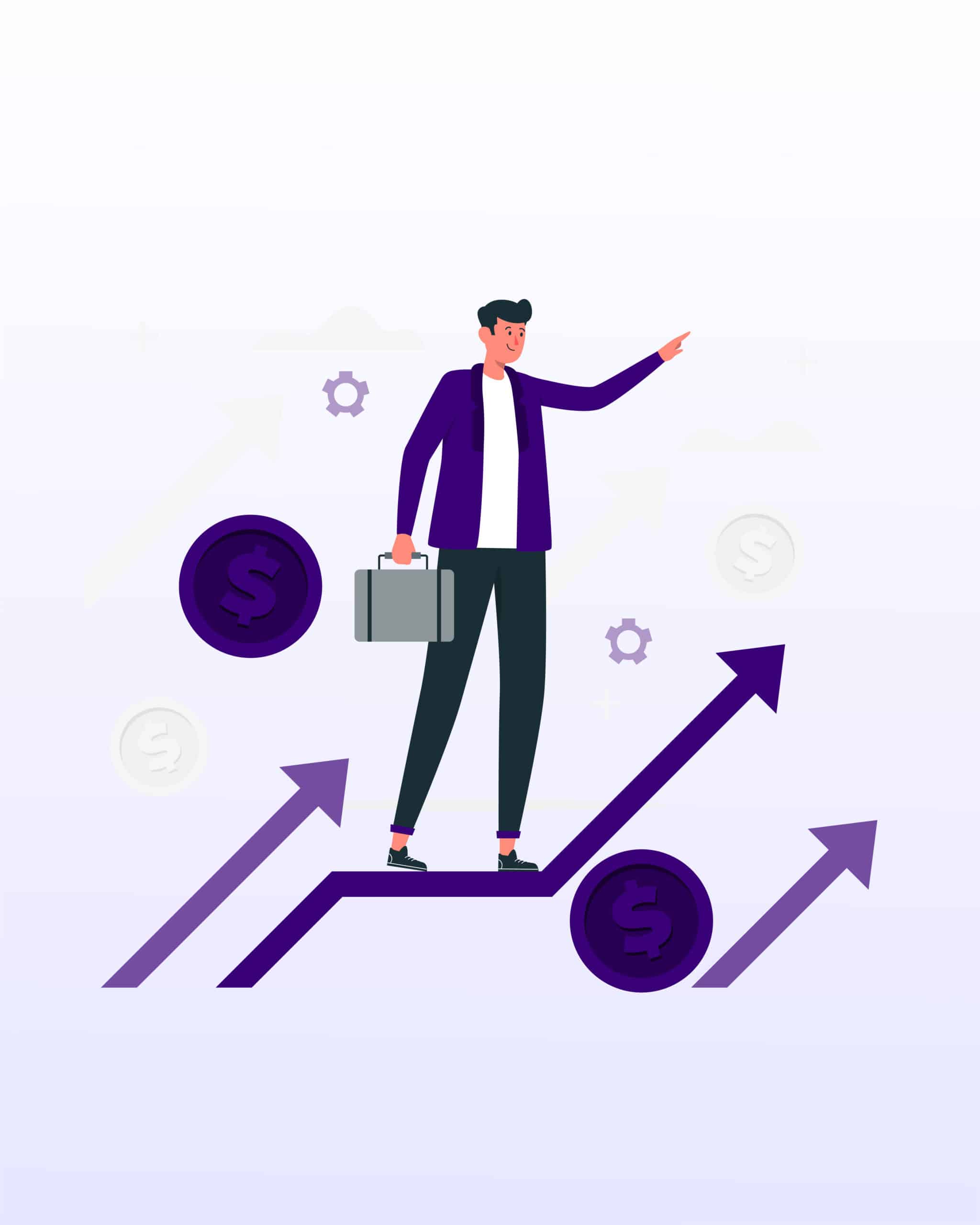 Businessman riding an upward trend arrow with a briefcase, surrounded by dollar signs, symbolising the analysis and optimisation of cash flow statements in restaurant financials.