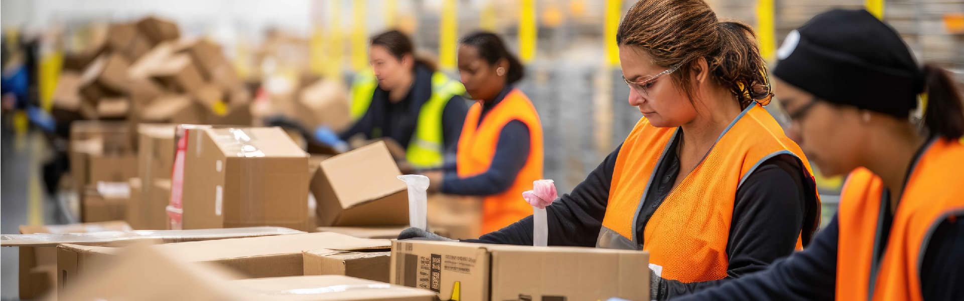 Warehouse workers in orange safety vests sorting and packing boxes on a production line, with a busy background of stacked packages and blurred workers in high-visibility clothing.