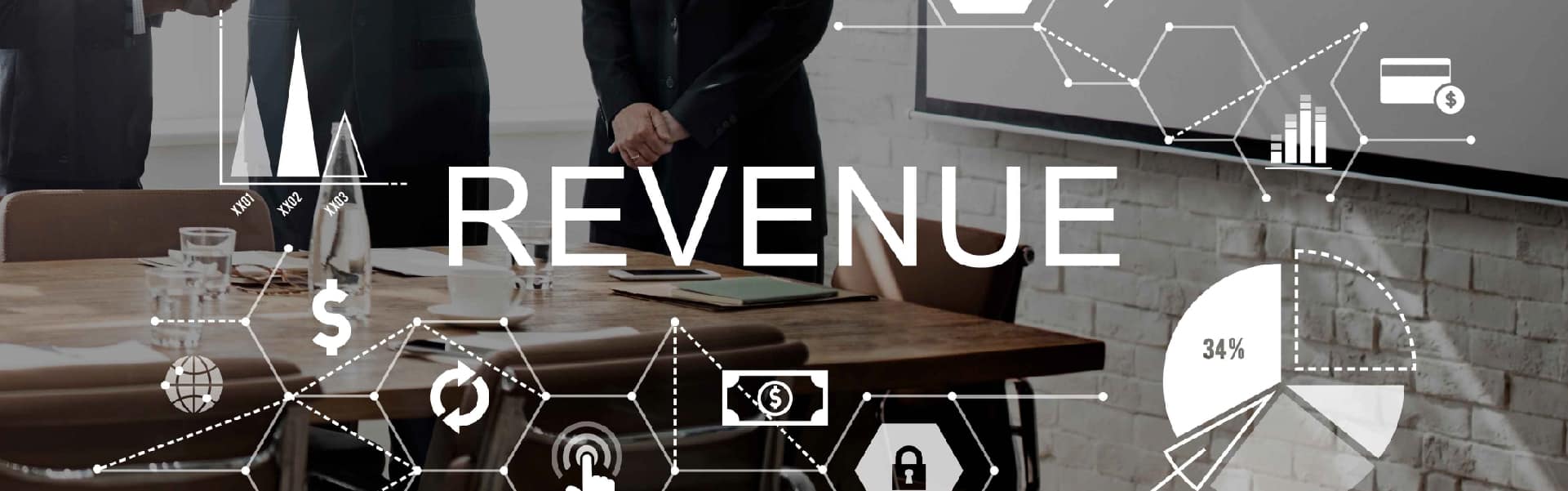 Office meeting with revenue data visualizations overlayed, including charts, graphs, and financial icons, with the word 'REVENUE' in large text in the foreground.