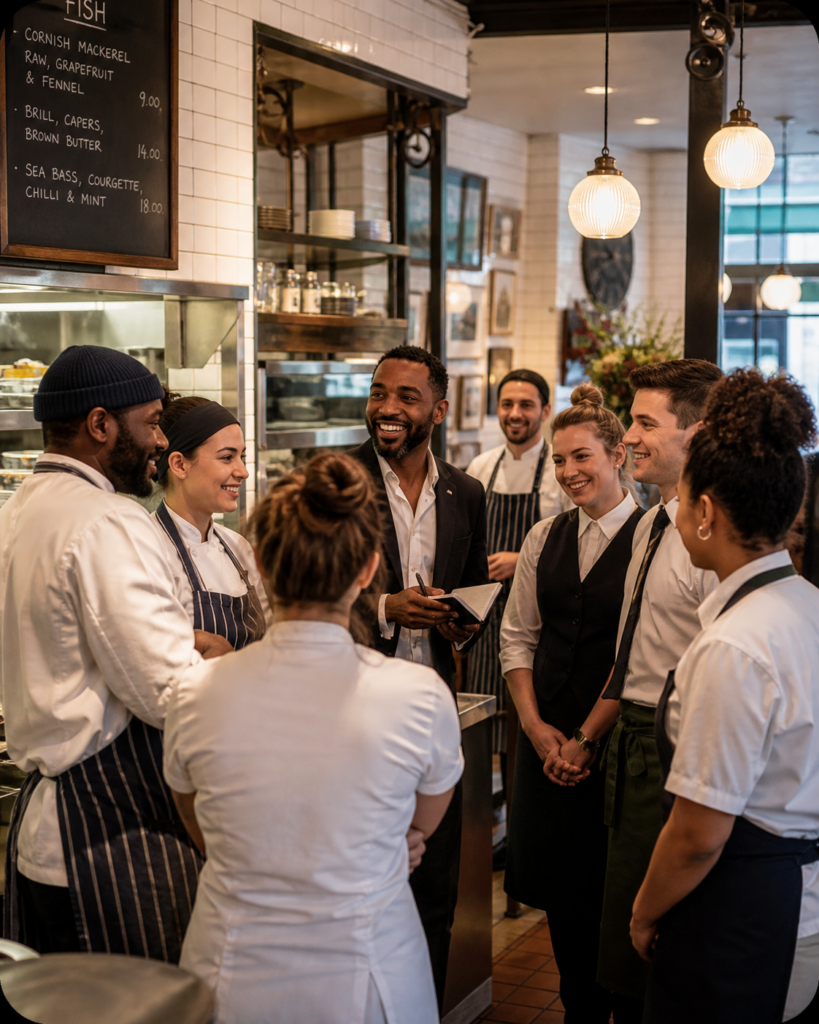 London hospitality accounting team with restaurant staff